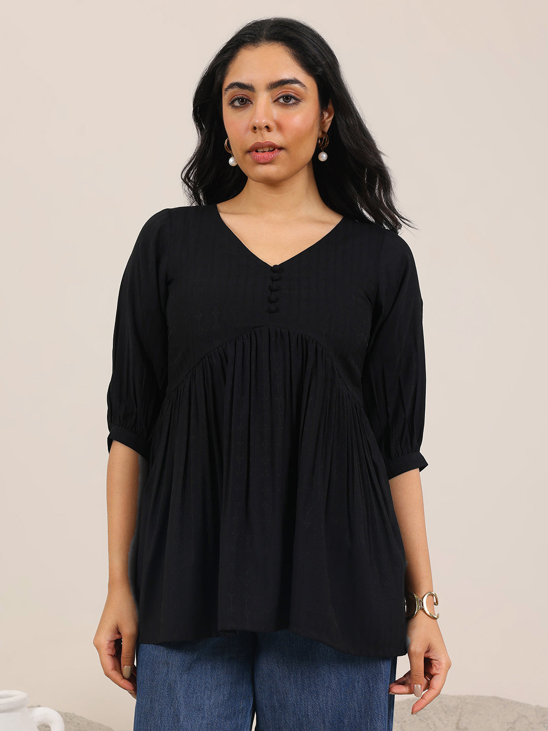 Black Solid Silk Blend Anarkali Short Kurti