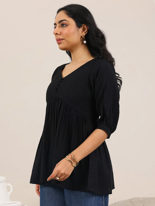 Black Solid Silk Blend Anarkali Short Kurti