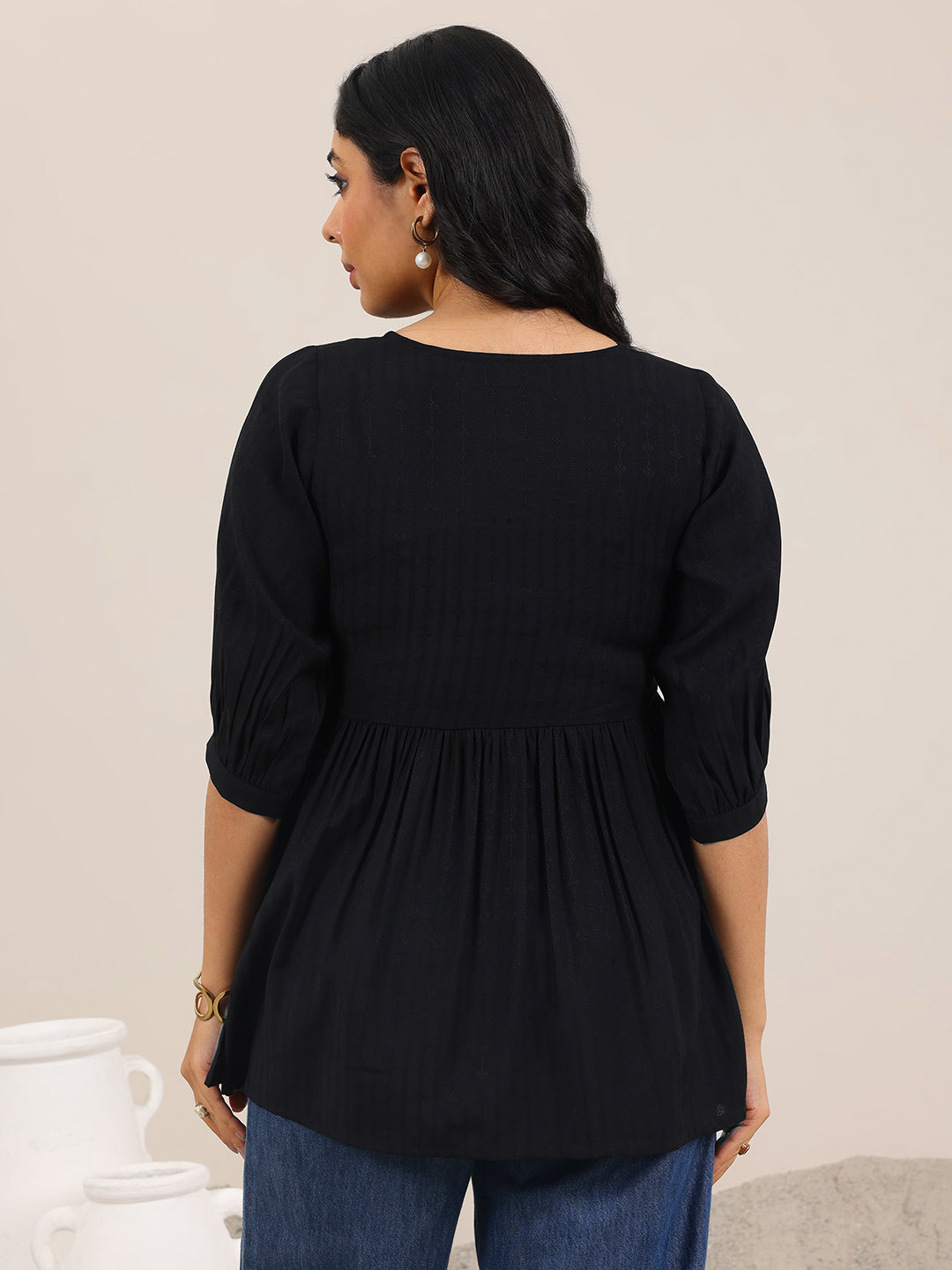 Black Solid Silk Blend Anarkali Short Kurti