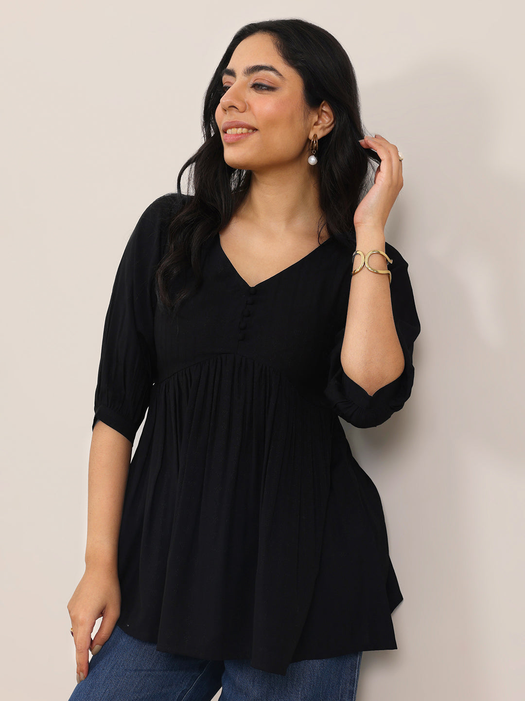 Black Solid Silk Blend Anarkali Short Kurti