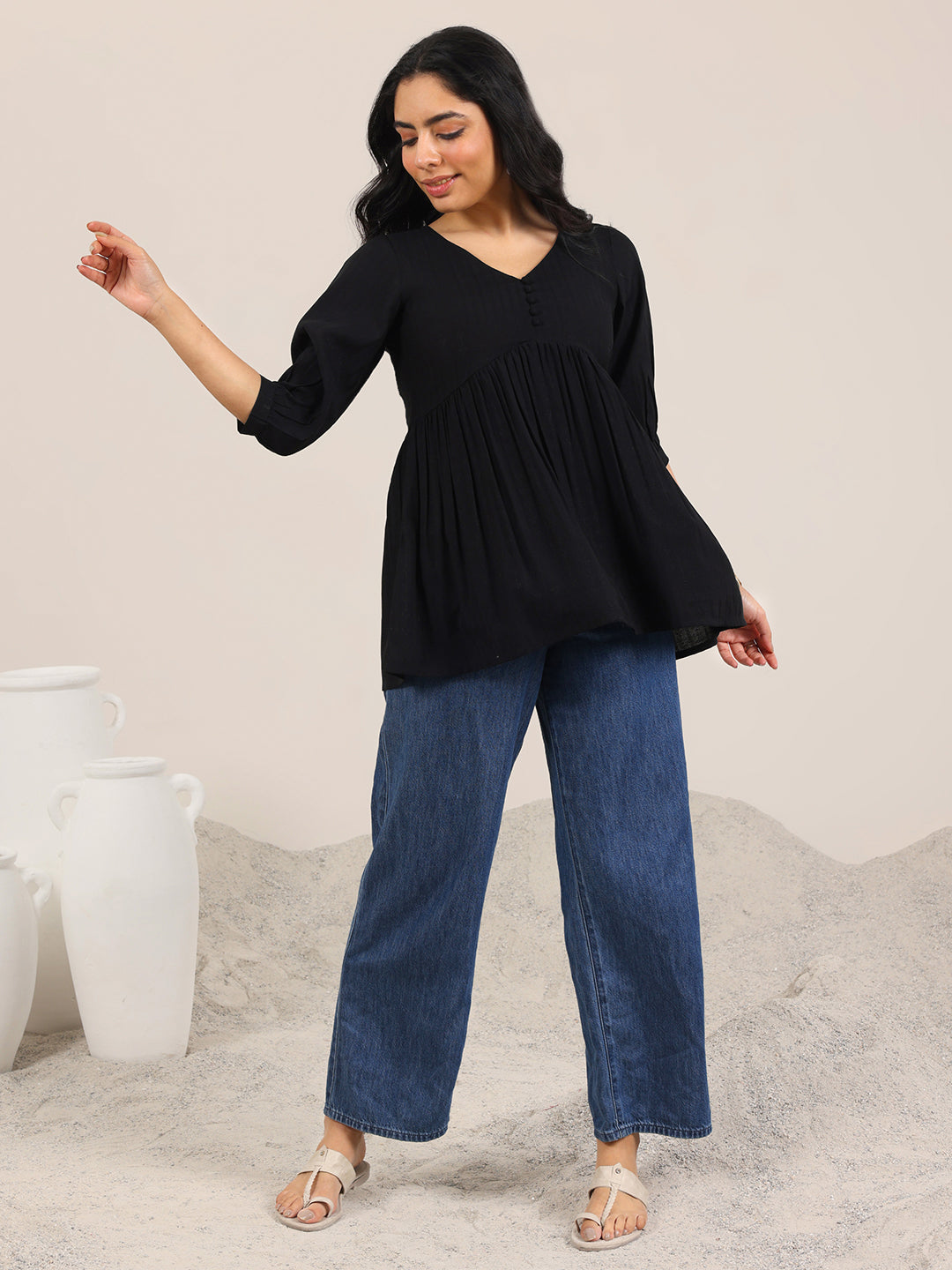 Black Solid Silk Blend Anarkali Short Kurti