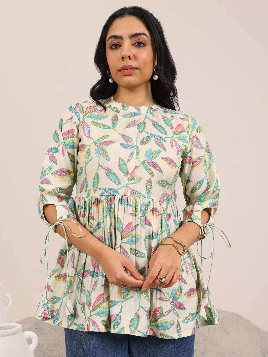 Off White Printed Silk Blend Anarkali Short Kurti