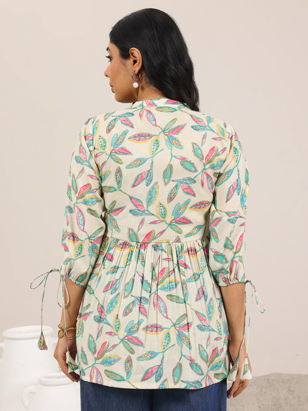 Off White Printed Silk Blend Anarkali Short Kurti