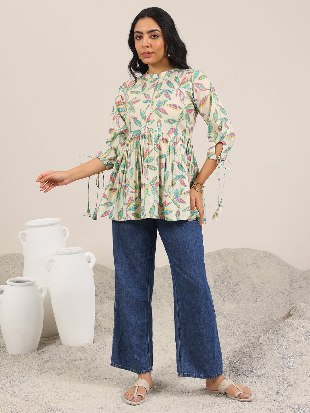 Off White Printed Silk Blend Anarkali Short Kurti