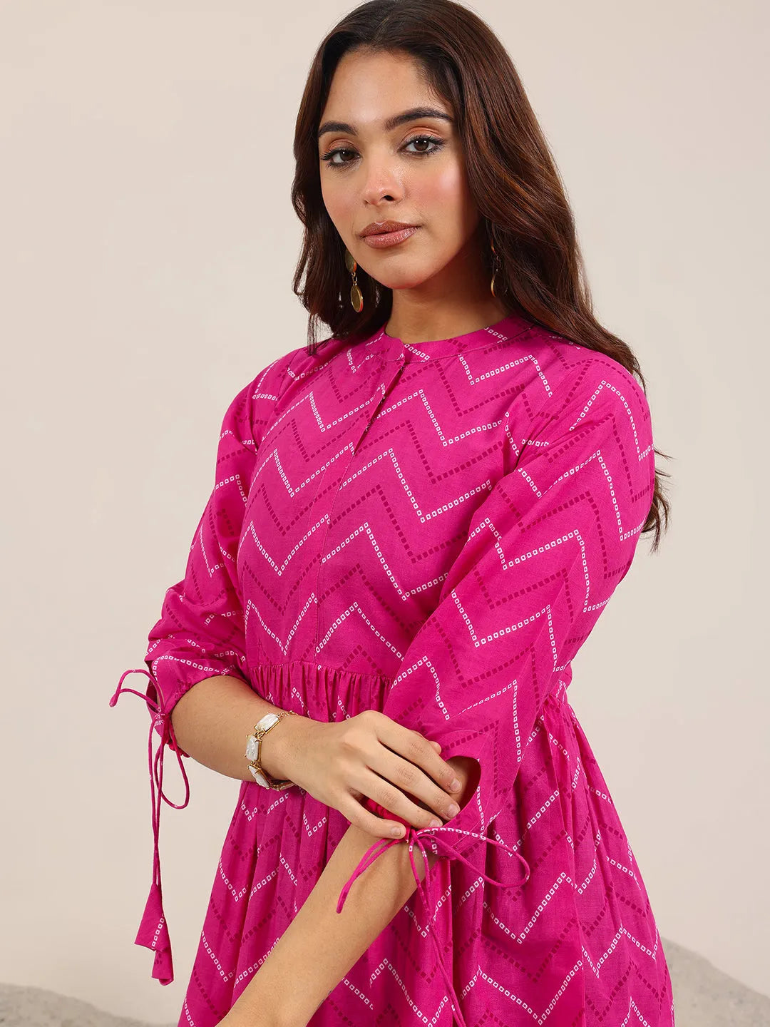 Pink Printed Cotton Anarkali Short Kurti