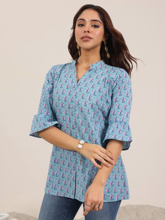 Blue Printed Cotton Straight Short Kurti