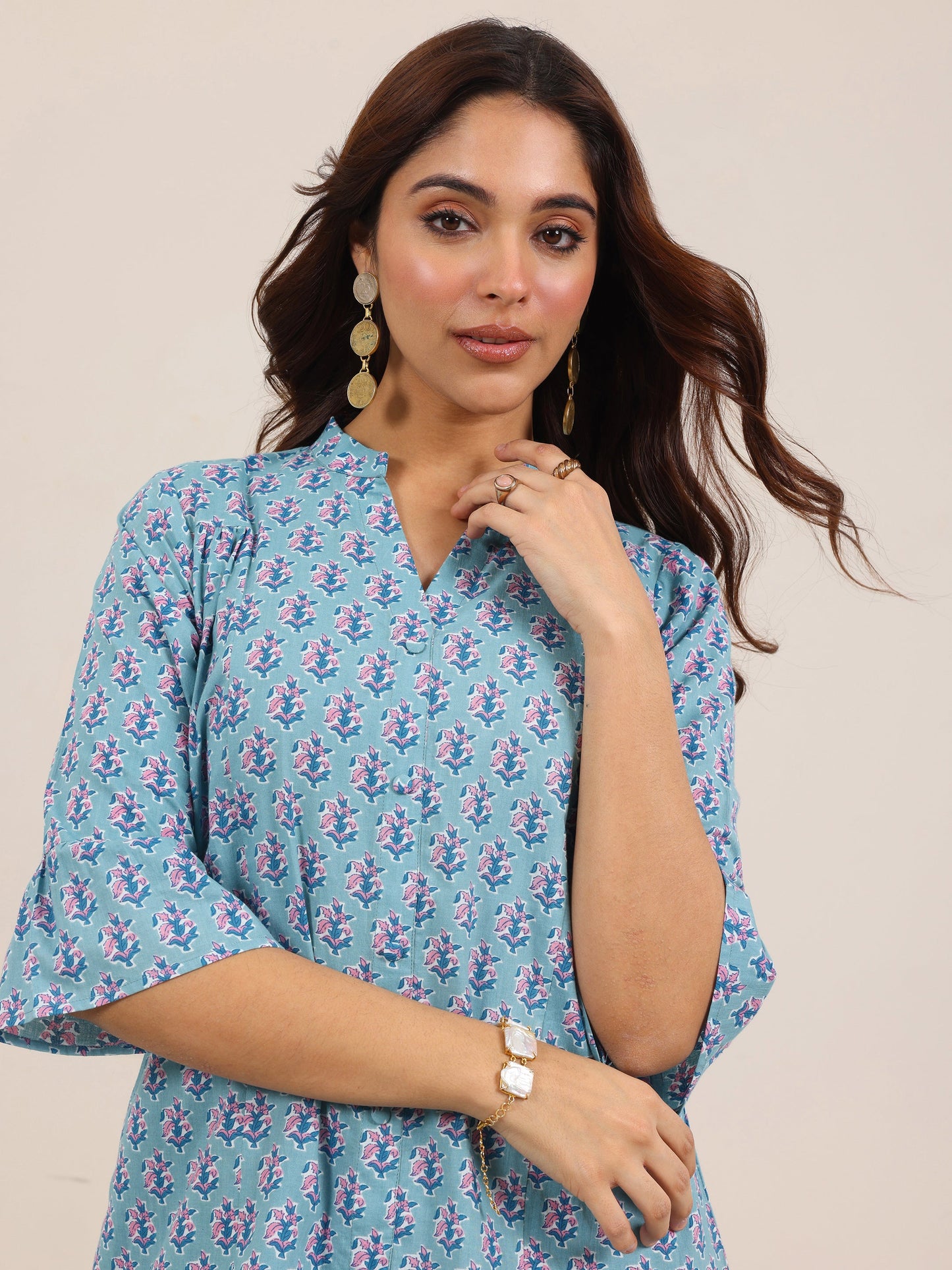 Blue Printed Cotton Straight Short Kurti