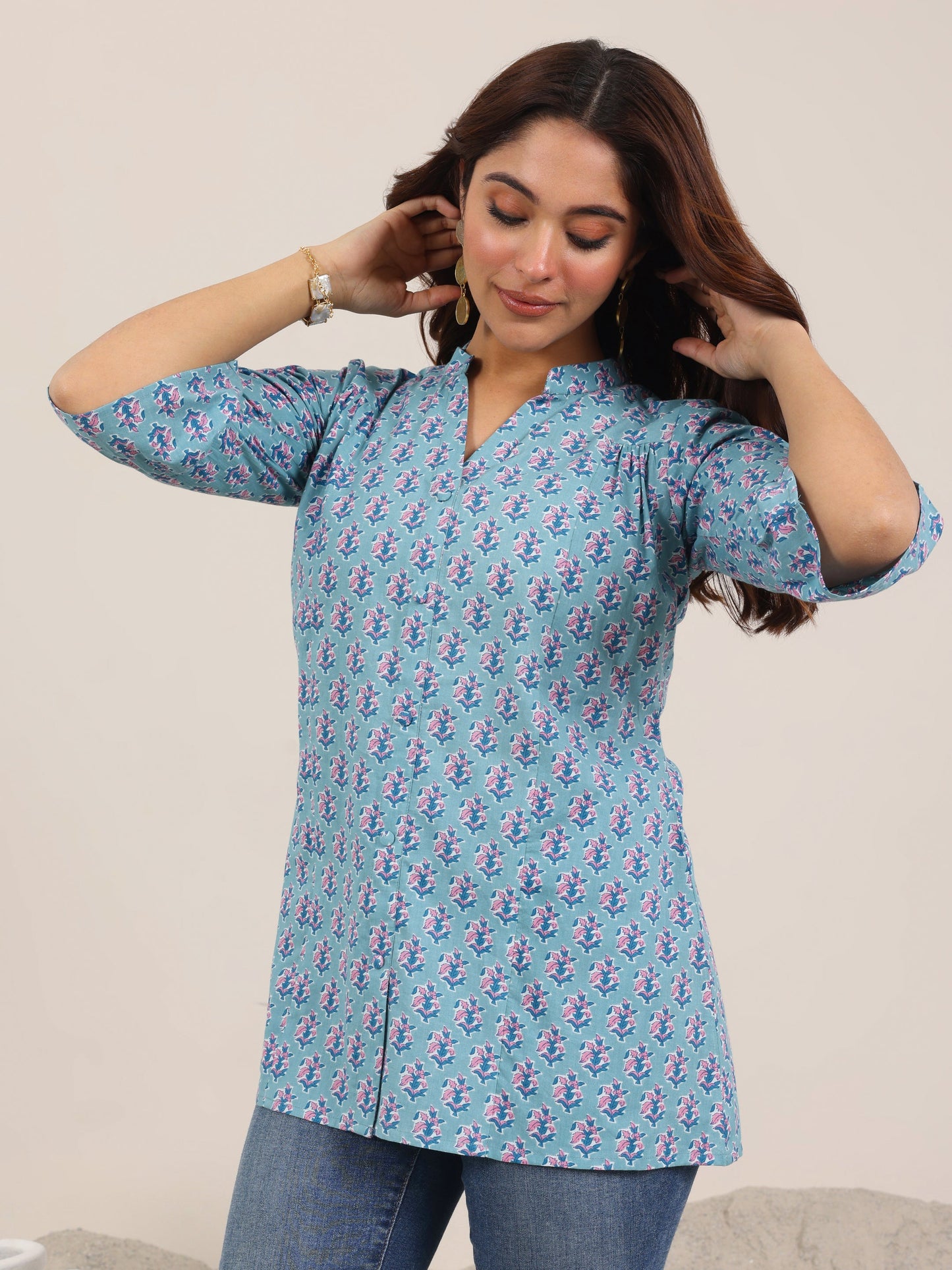 Blue Printed Cotton Straight Short Kurti
