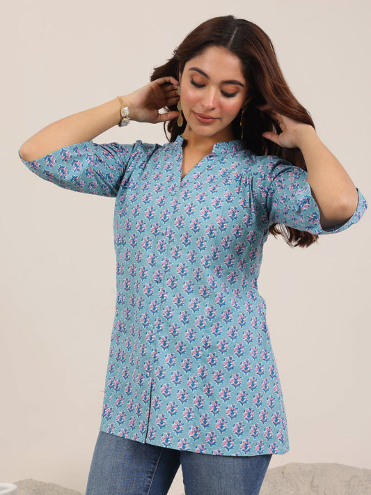 Blue Printed Cotton Straight Short Kurti