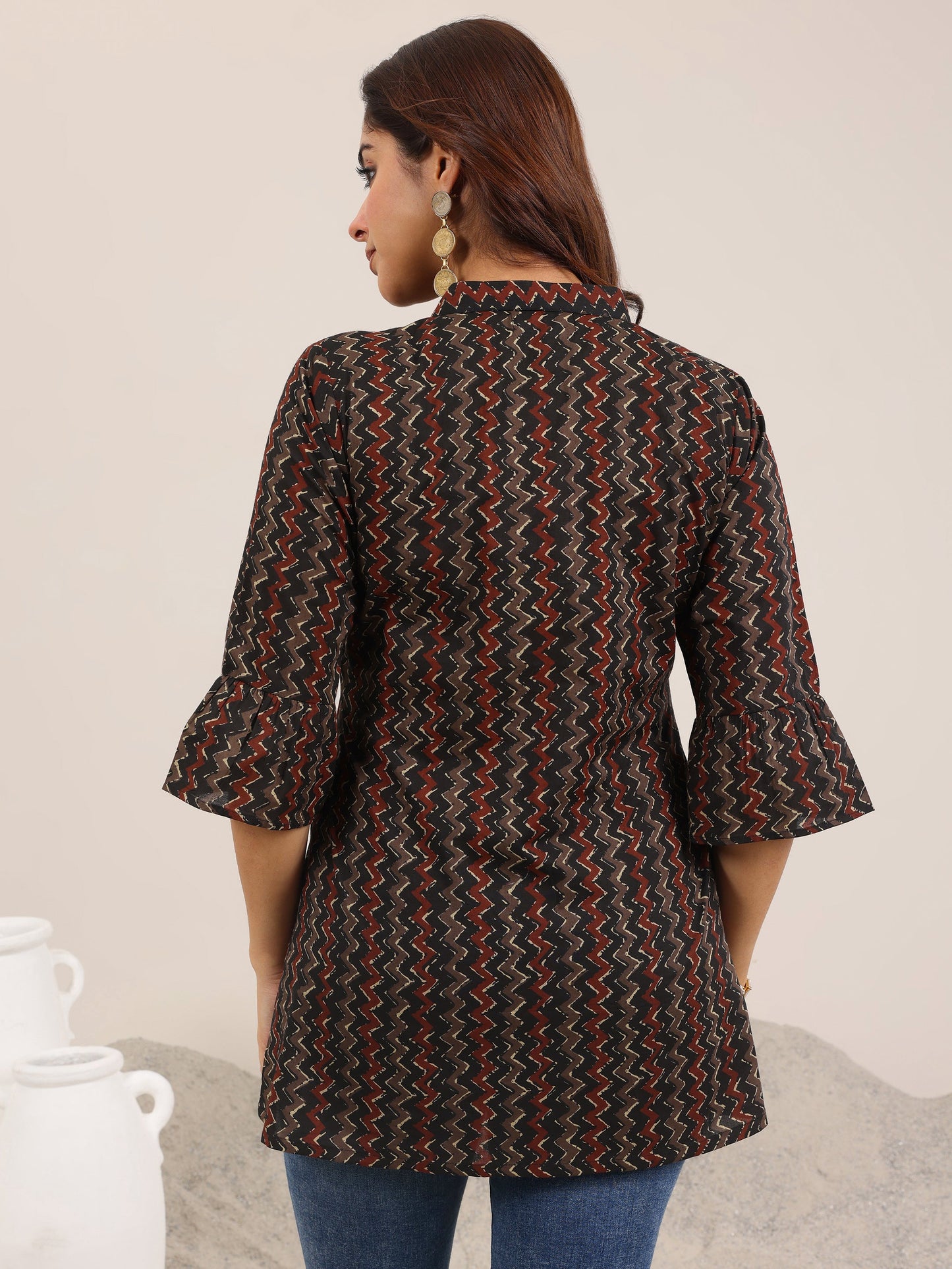 Black Printed Cotton Straight Short Kurti