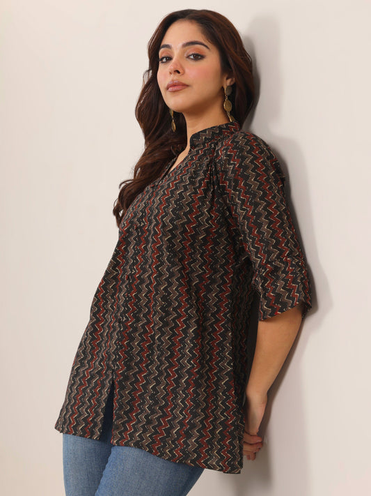 Black Printed Cotton Straight Short Kurti