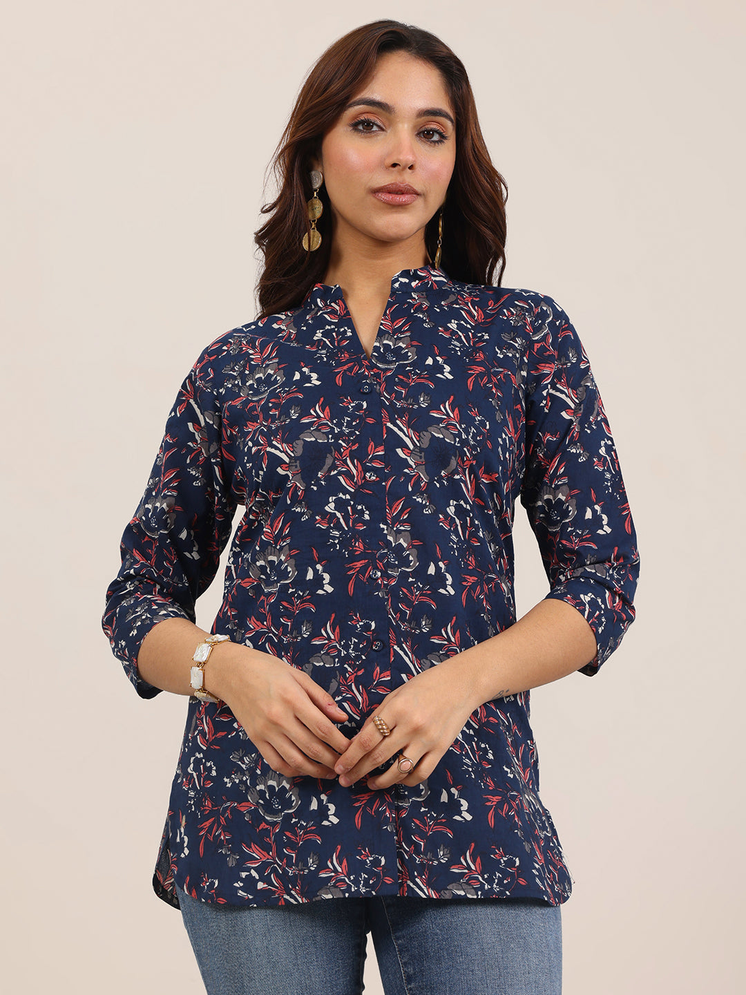 Blue Printed Cotton Straight Short Kurti