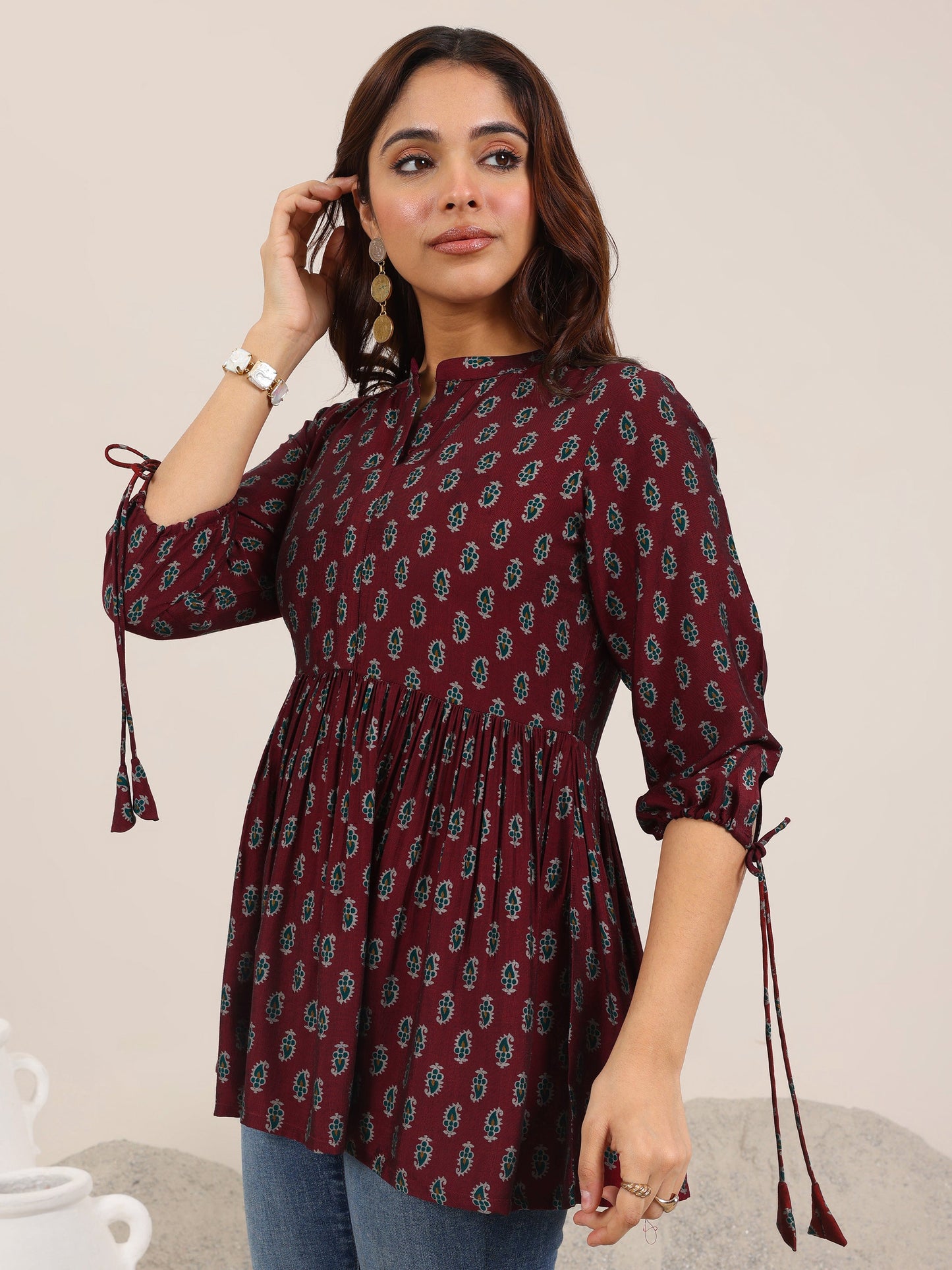 Maroon Printed Silk Blend Anarkali Short Kurti