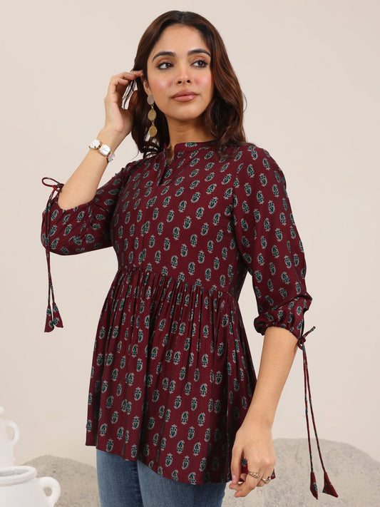 Maroon Printed Silk Blend Anarkali Short Kurti