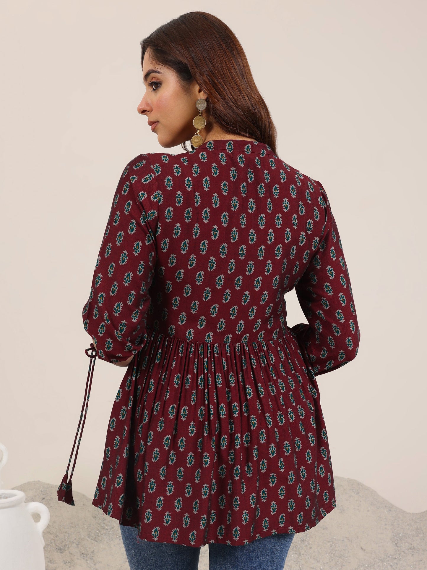 Maroon Printed Silk Blend Anarkali Short Kurti