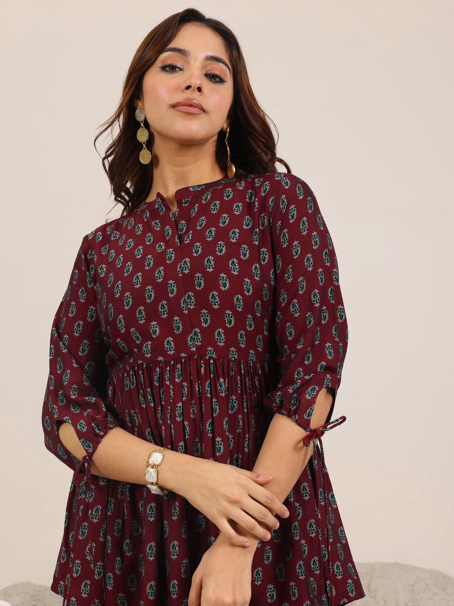 Maroon Printed Silk Blend Anarkali Short Kurti