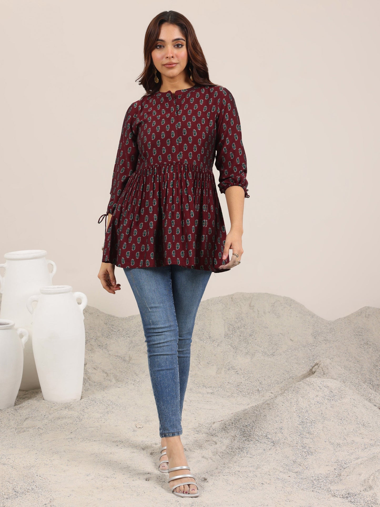 Maroon Printed Silk Blend Anarkali Short Kurti