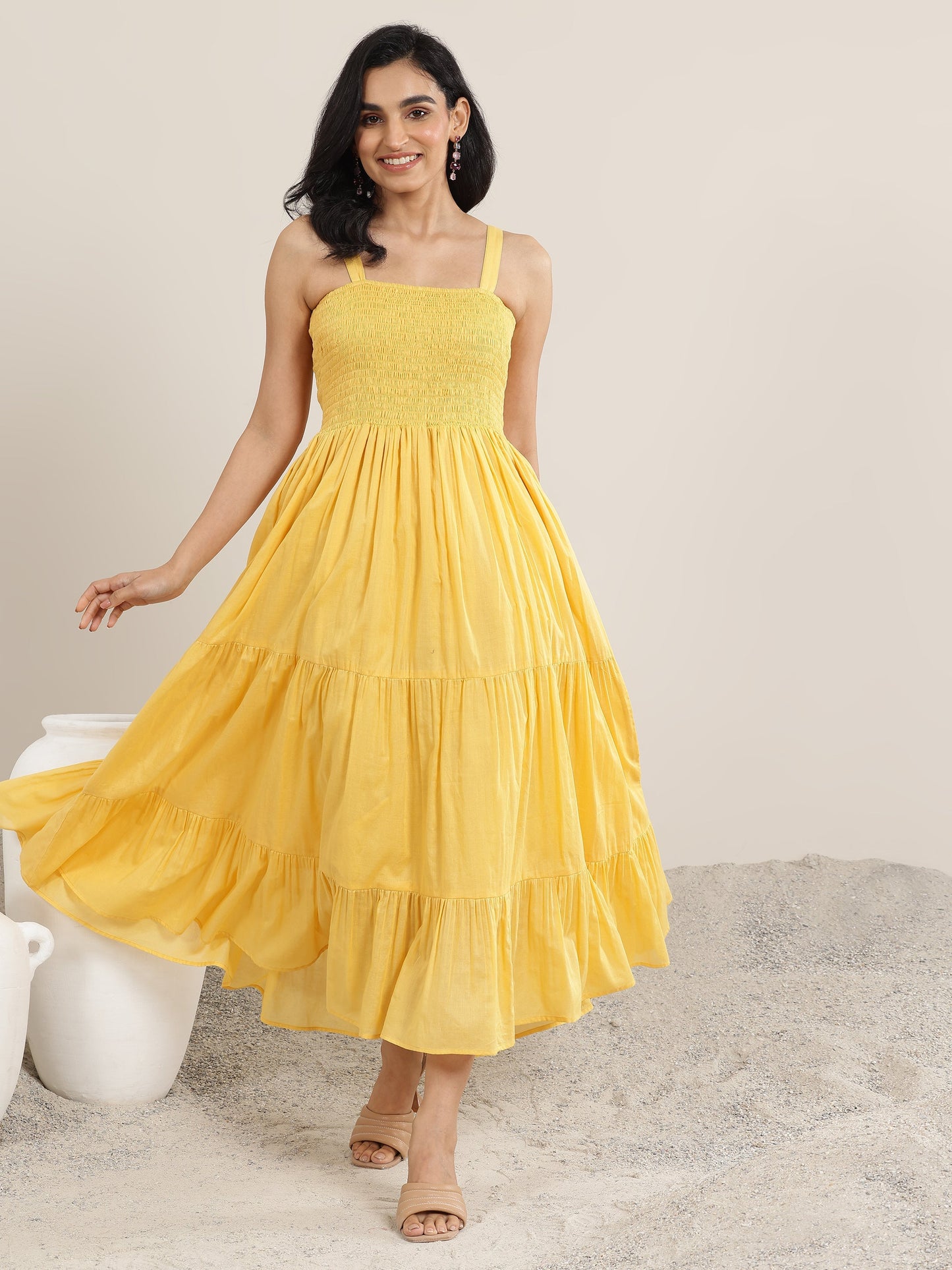 Mustard Solid Cotton Tiered Fit and Flare One Piece Dress