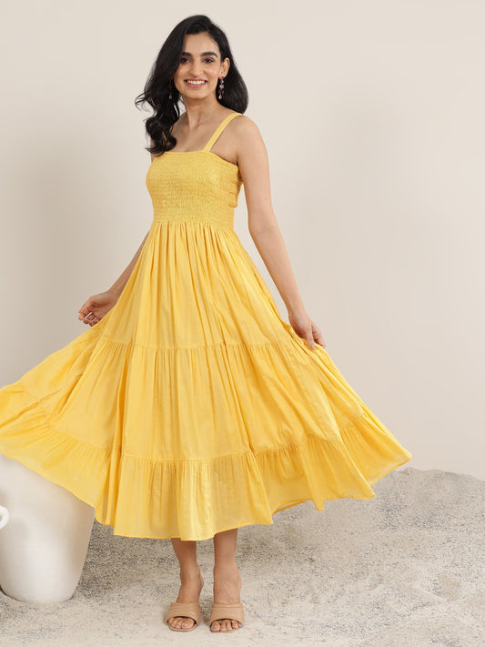 Mustard Solid Cotton Tiered Fit and Flare One Piece Dress