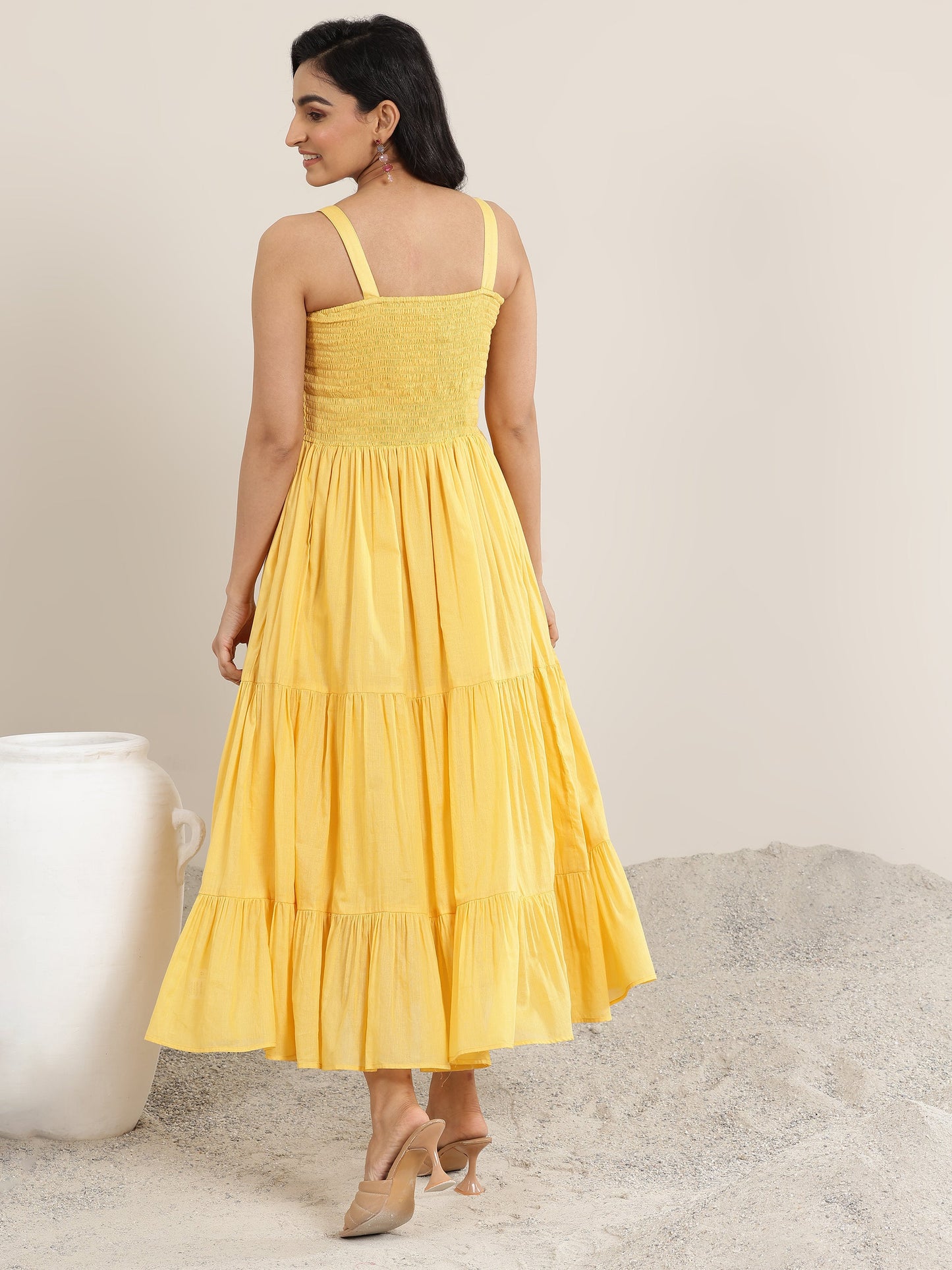 Mustard Solid Cotton Fit and Flare One Piece Dress