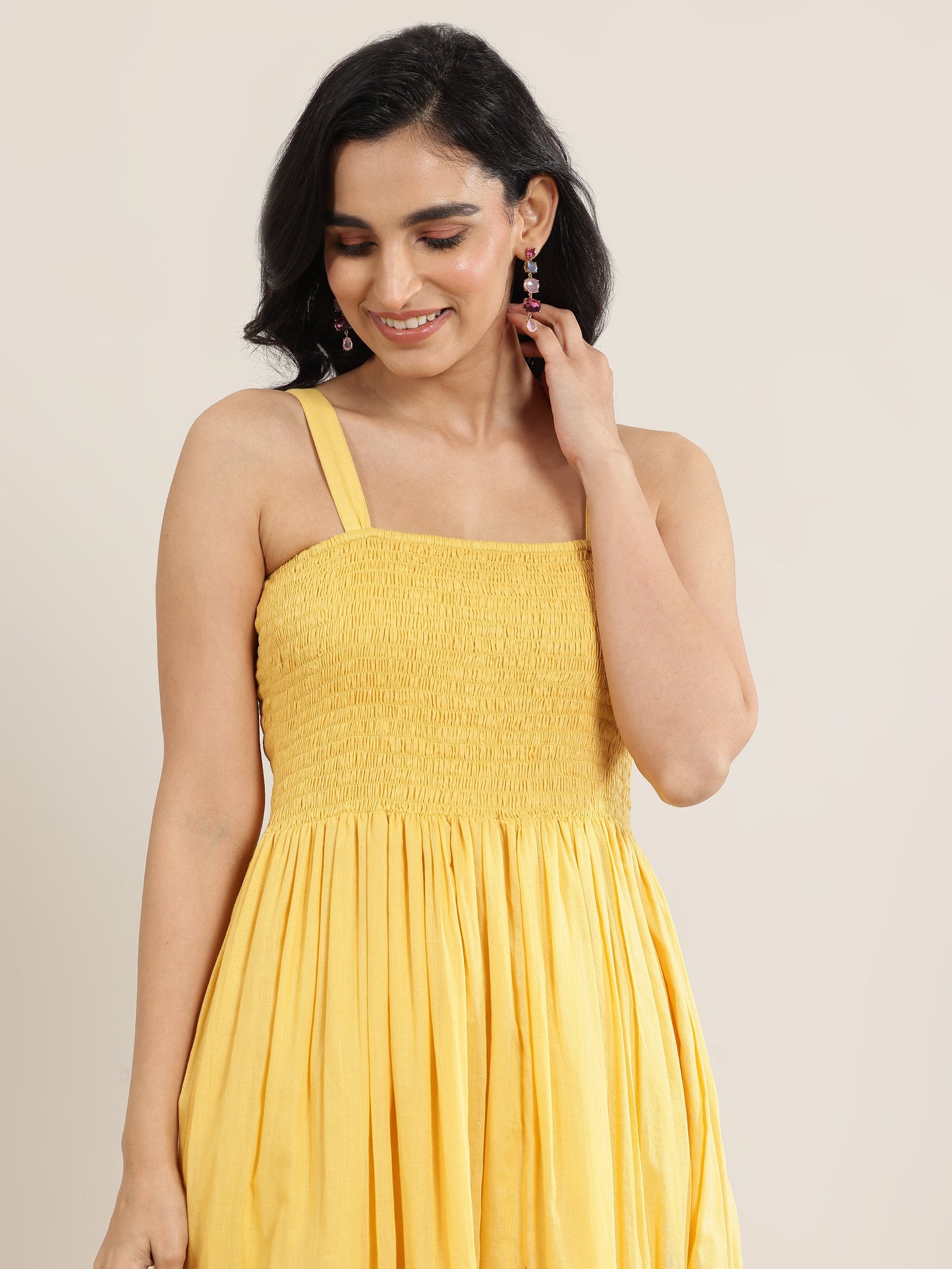 Mustard Solid Cotton Fit and Flare One Piece Dress