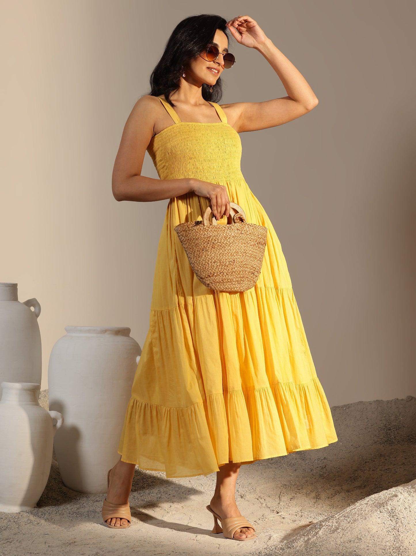 Mustard Solid Cotton Tiered Fit and Flare One Piece Dress