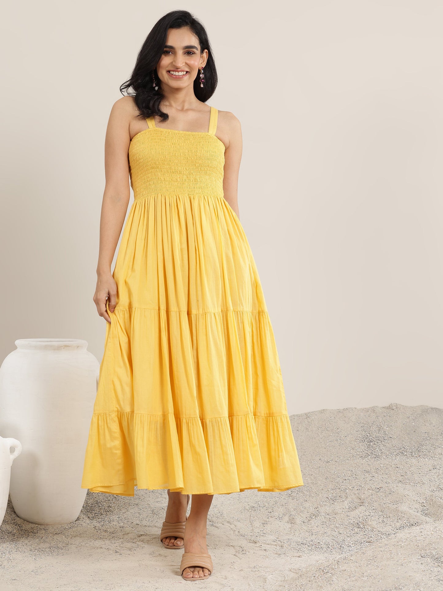 Mustard Solid Cotton Fit and Flare One Piece Dress