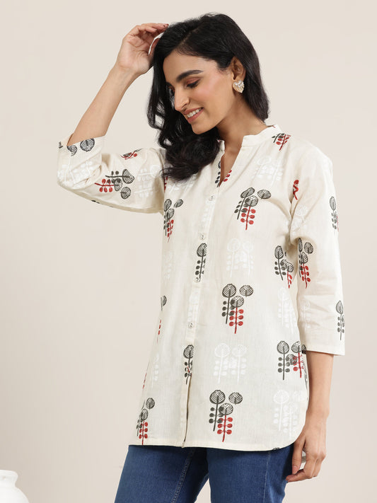 Off White Printed Cotton Straight Short Kurti