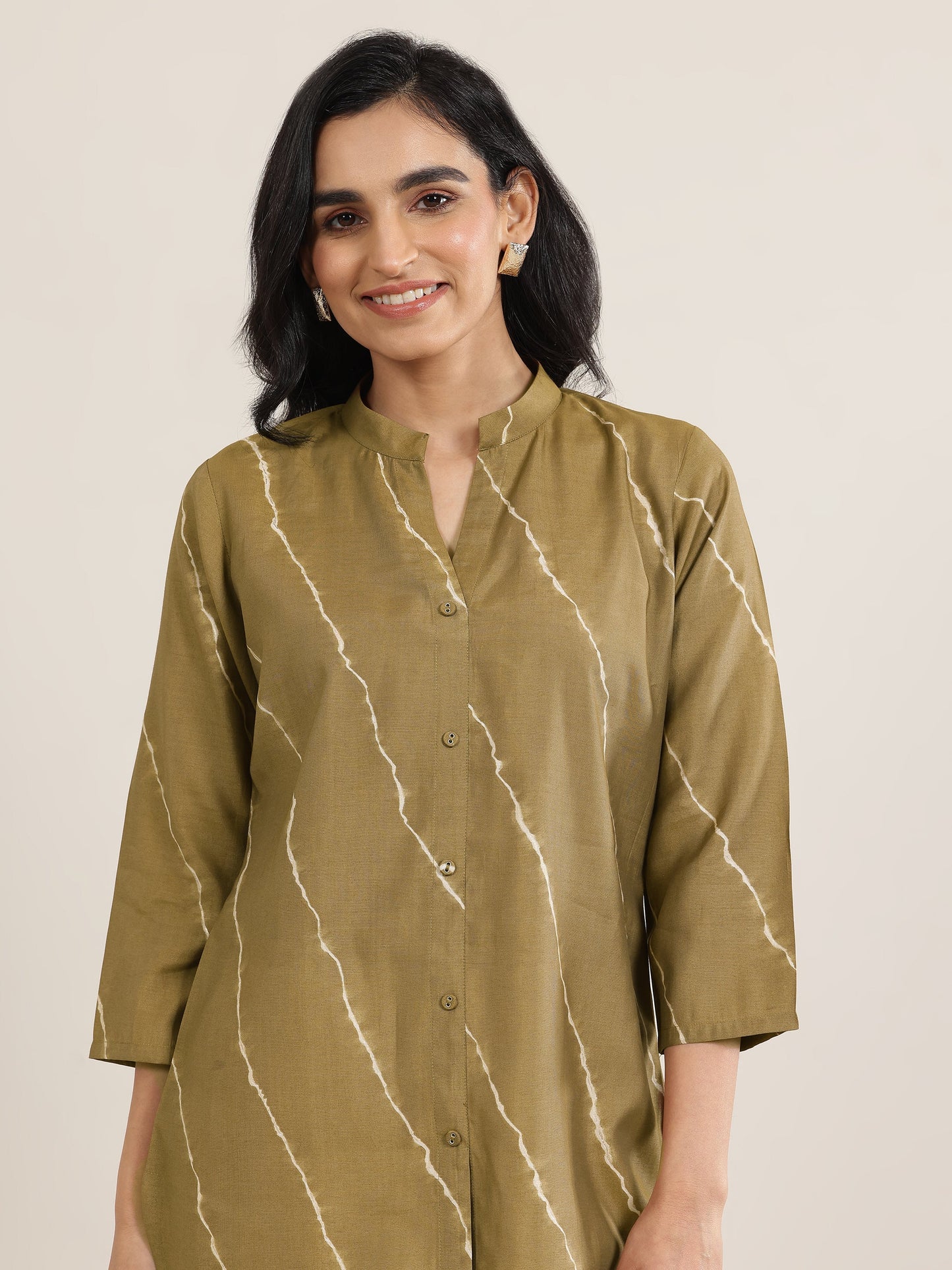 Olive Printed Silk Blend Straight Short Kurti