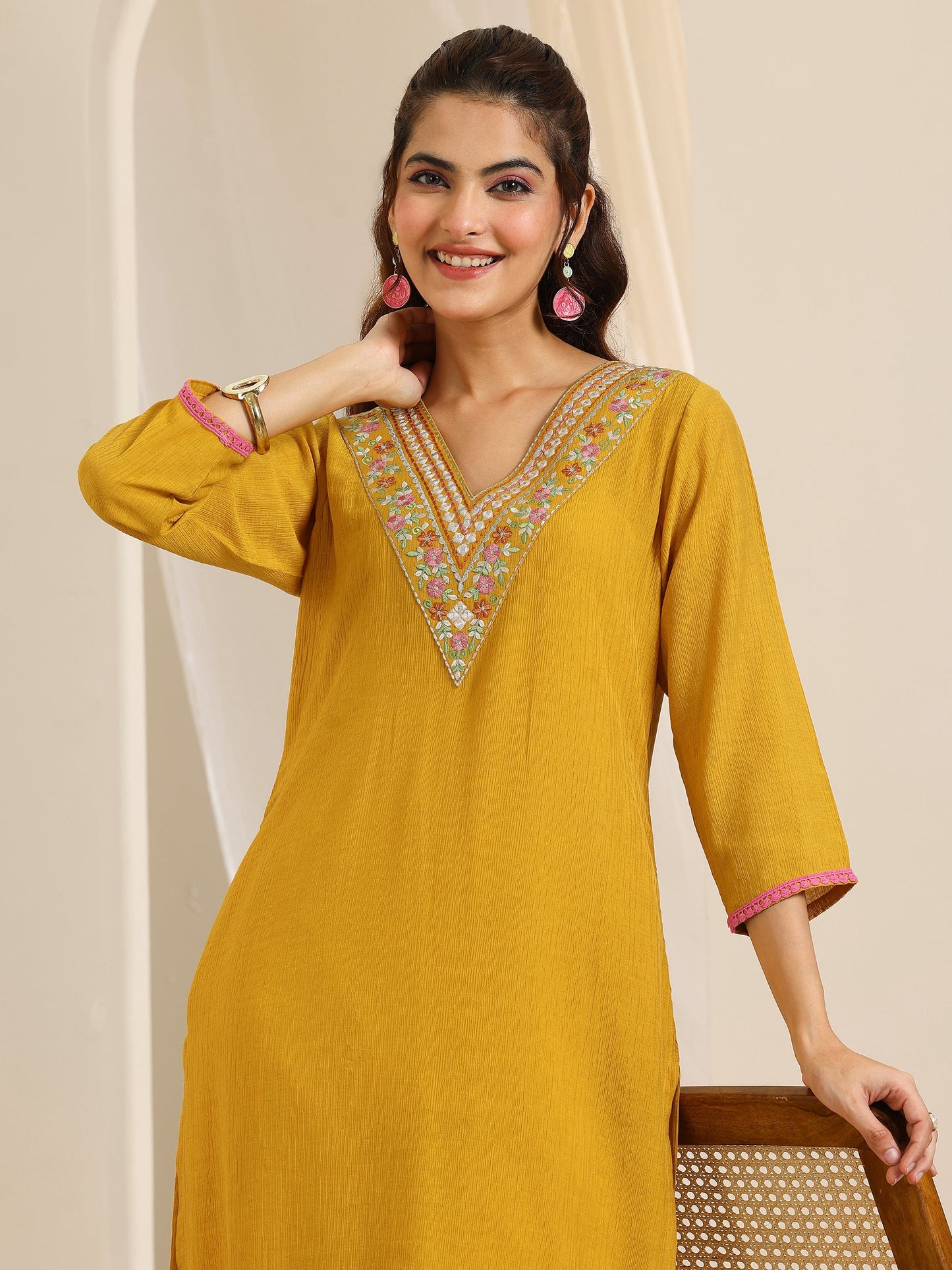 Mustard Yoke Design Silk Blend Straight Kurta