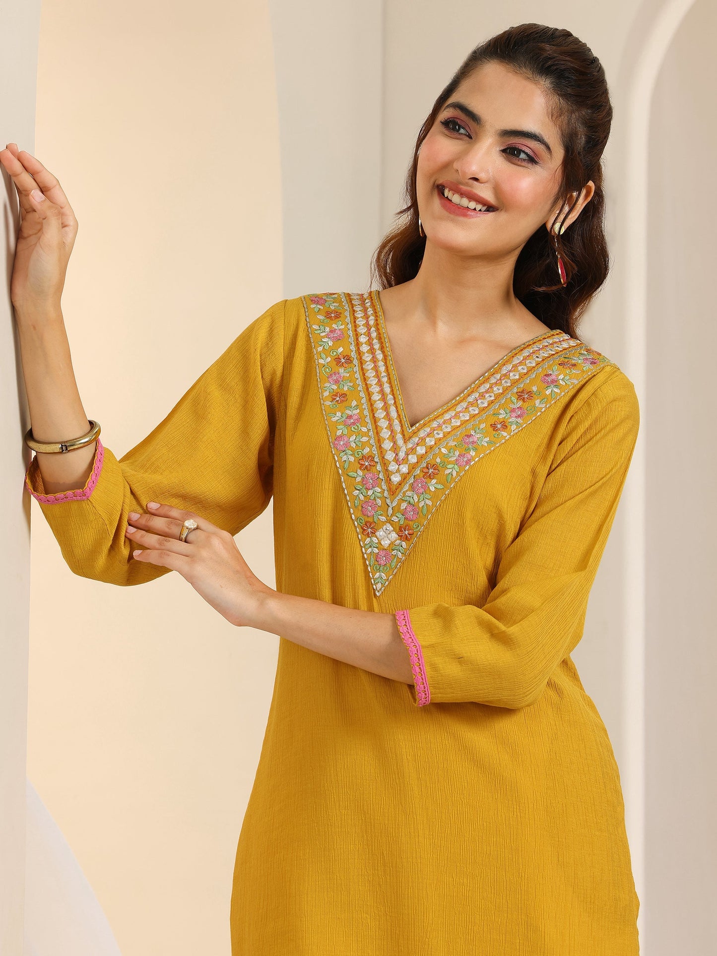 Mustard Yoke Design Silk Blend Straight Kurta