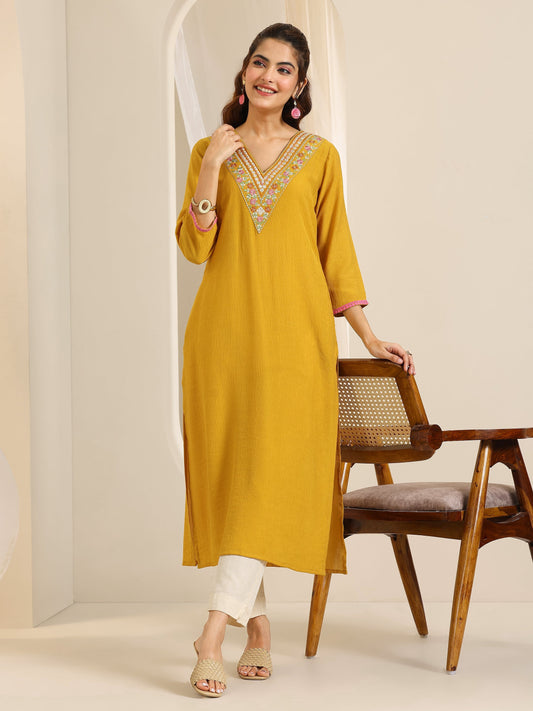 Mustard Yoke Design Silk Blend Straight Kurta