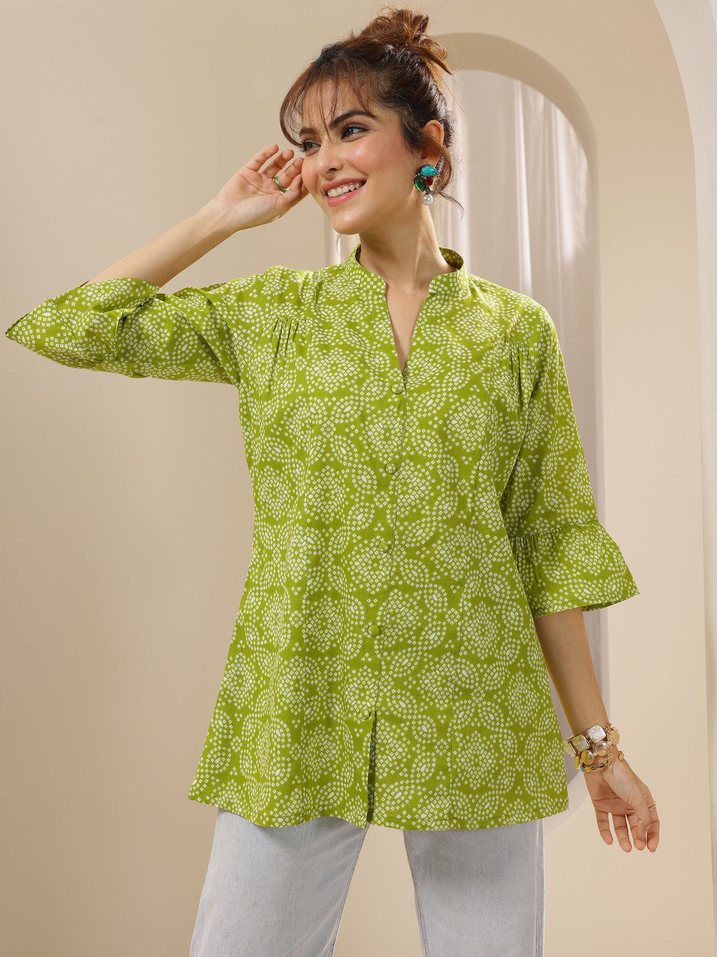 Green Printed Cotton Straight Short Kurti