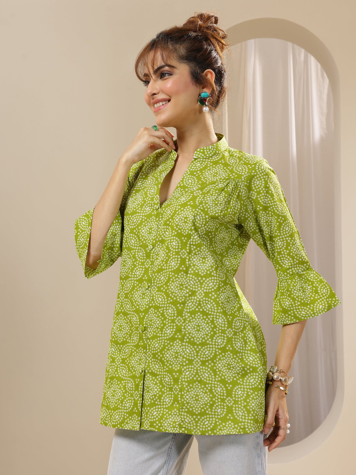 Green Printed Cotton Straight Short Kurti