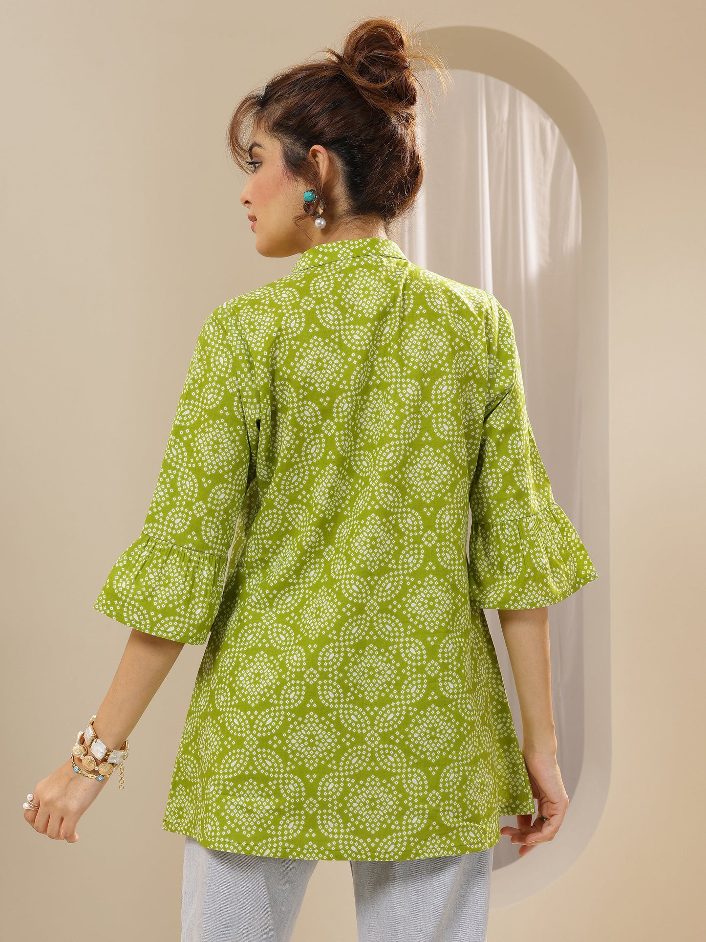 Green Printed Cotton Straight Short Kurti