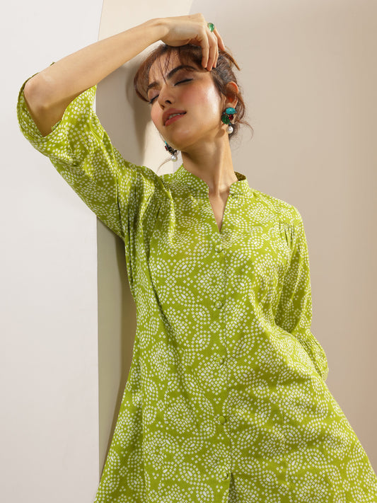Green Printed Cotton Straight Short Kurti