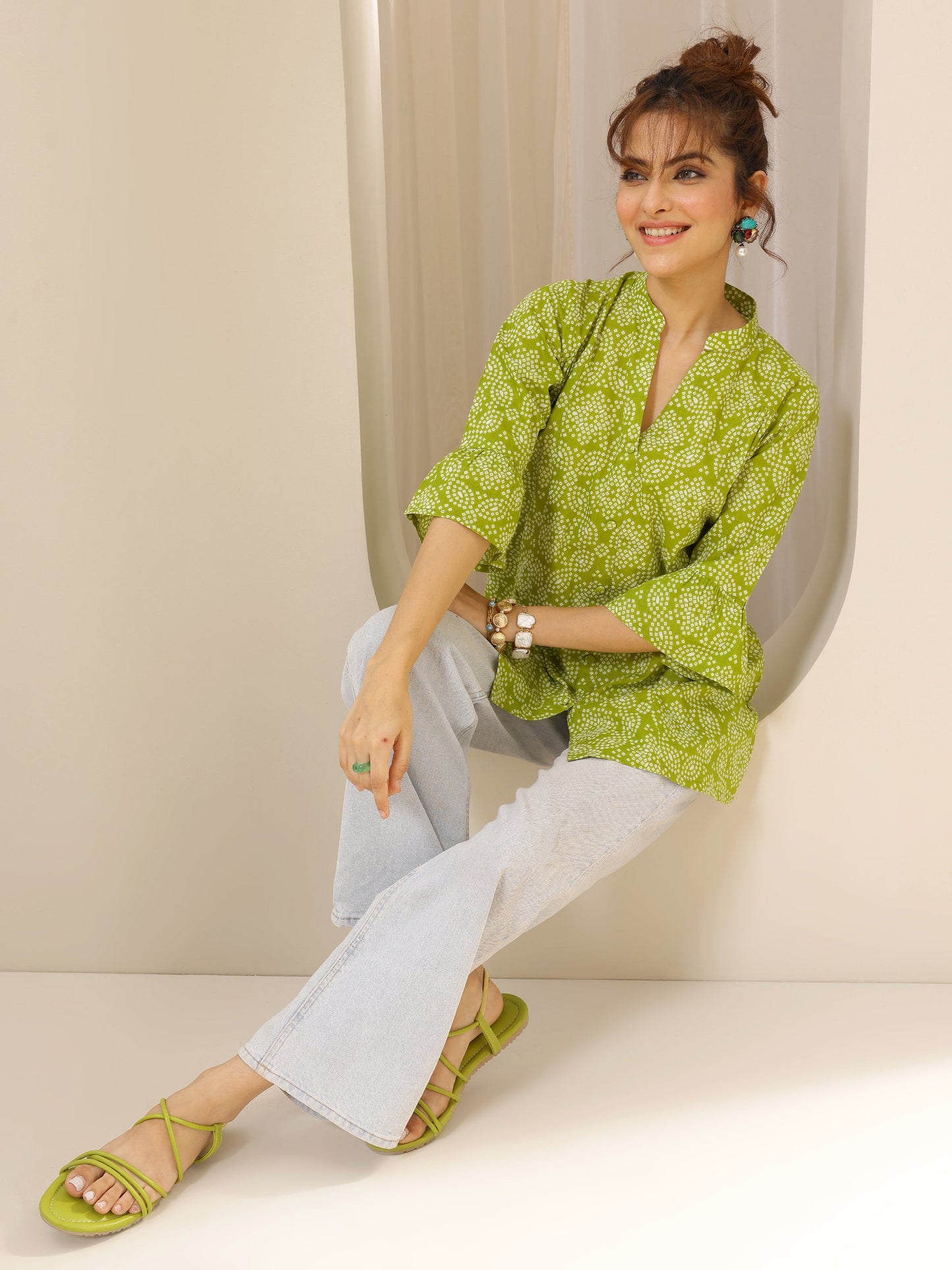 Green Printed Cotton Straight Short Kurti