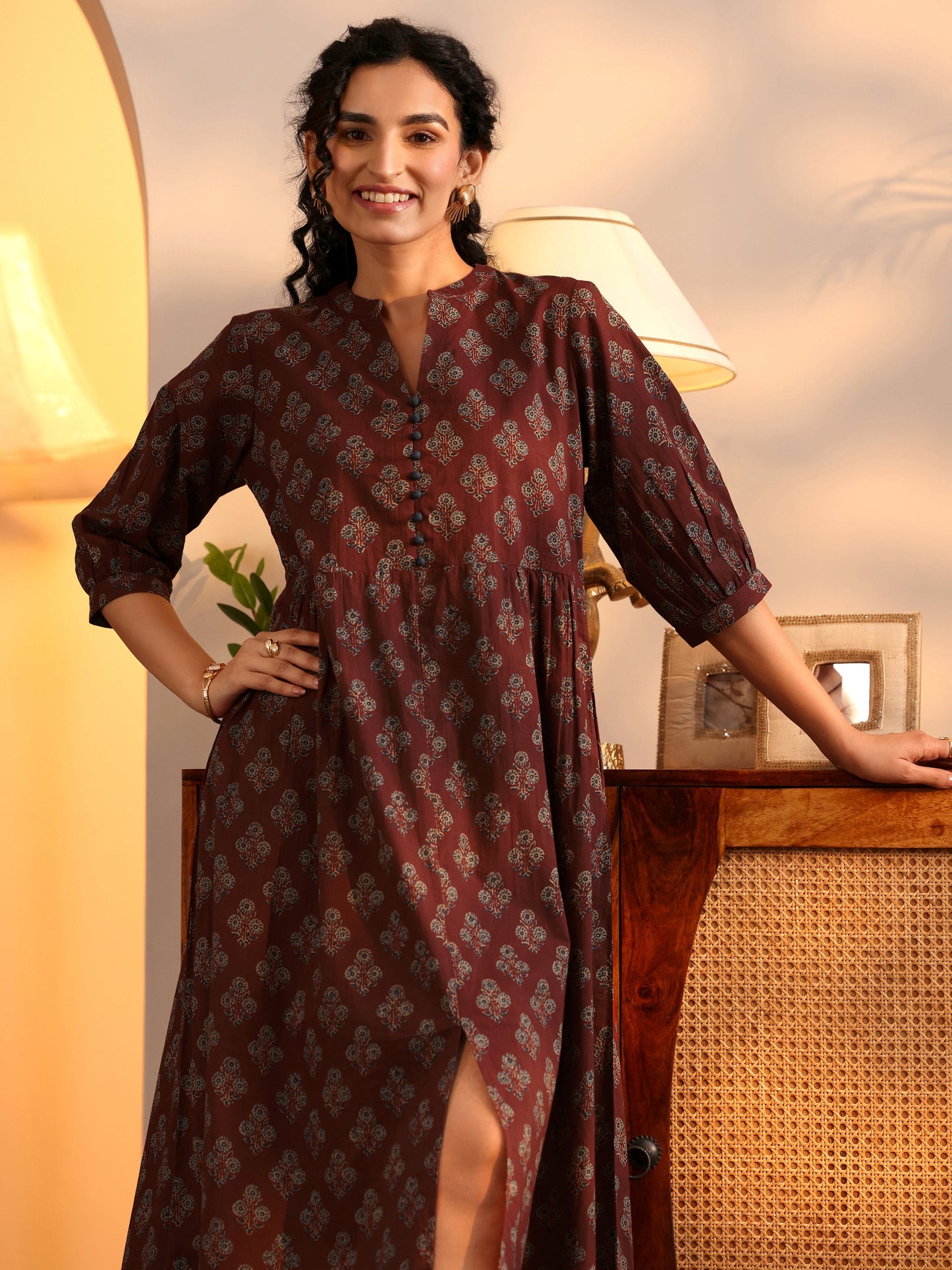 Rust Printed Cotton  A-Line One Piece Dress