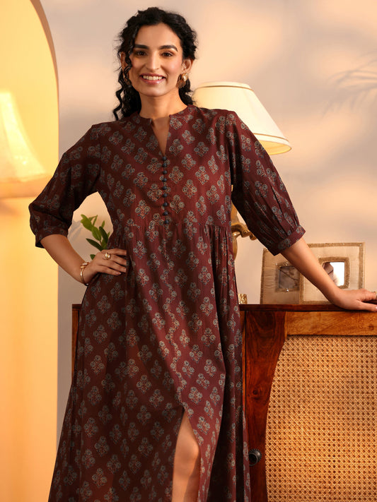 Rust Printed Cotton  A-Line One Piece Dress