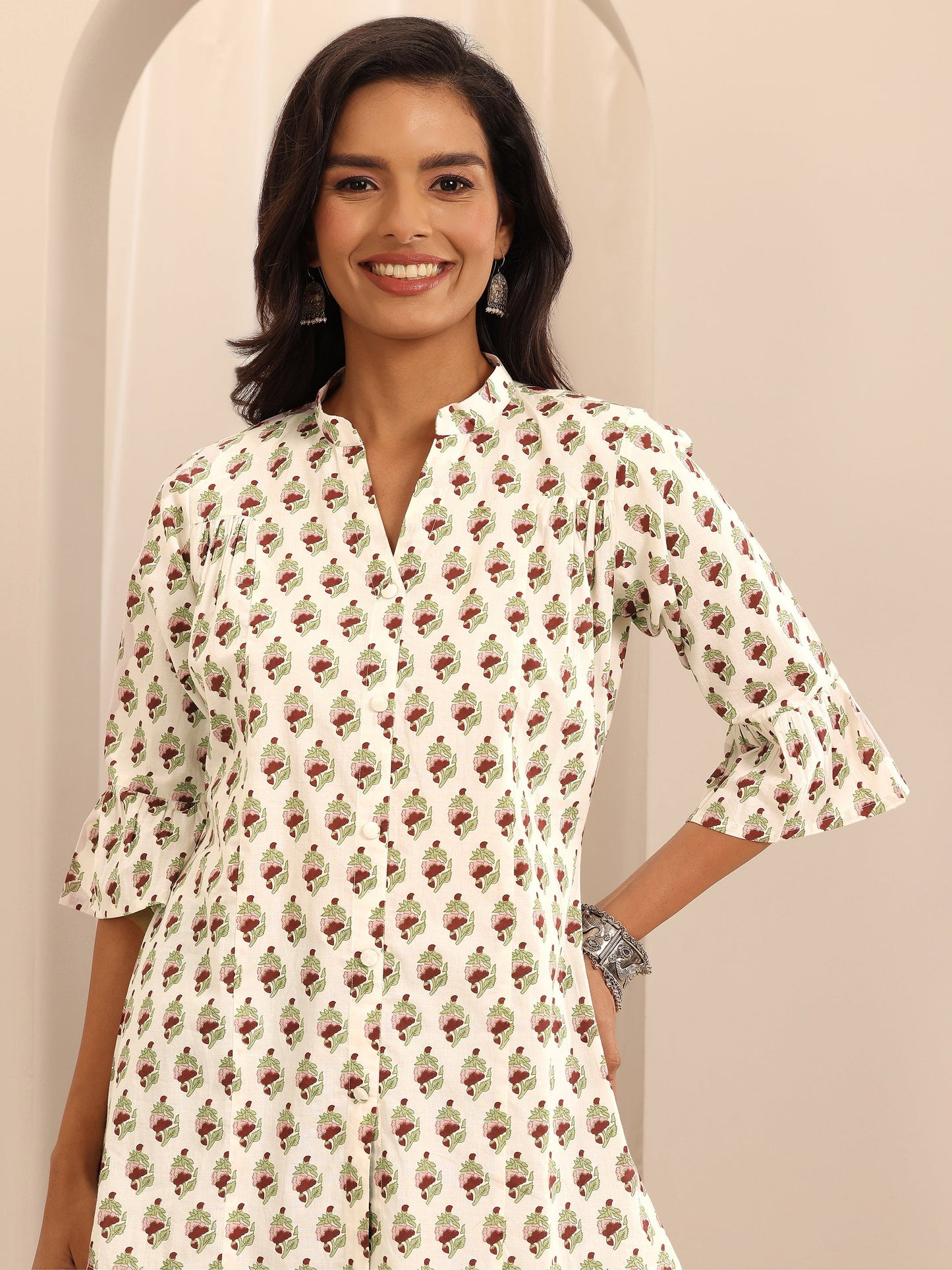 Off White Printed Cotton Straight Short Kurti