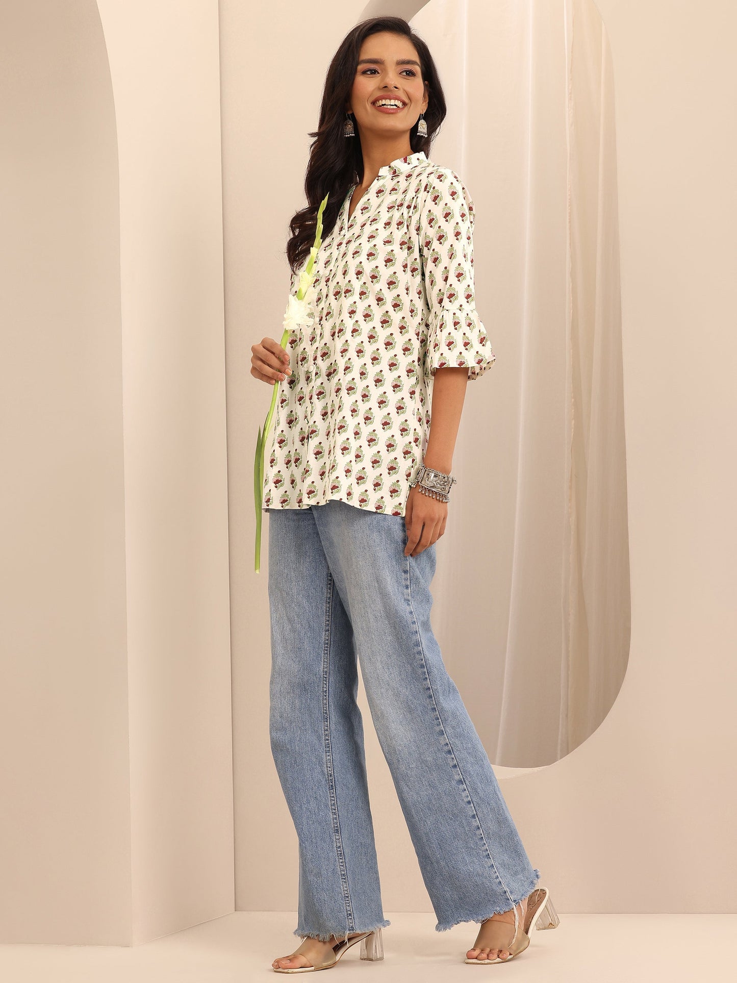 Off White Printed Cotton Straight Short Kurti