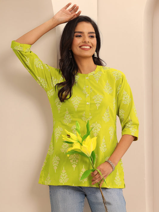Mustard Printed Cotton Straight Short Kurti