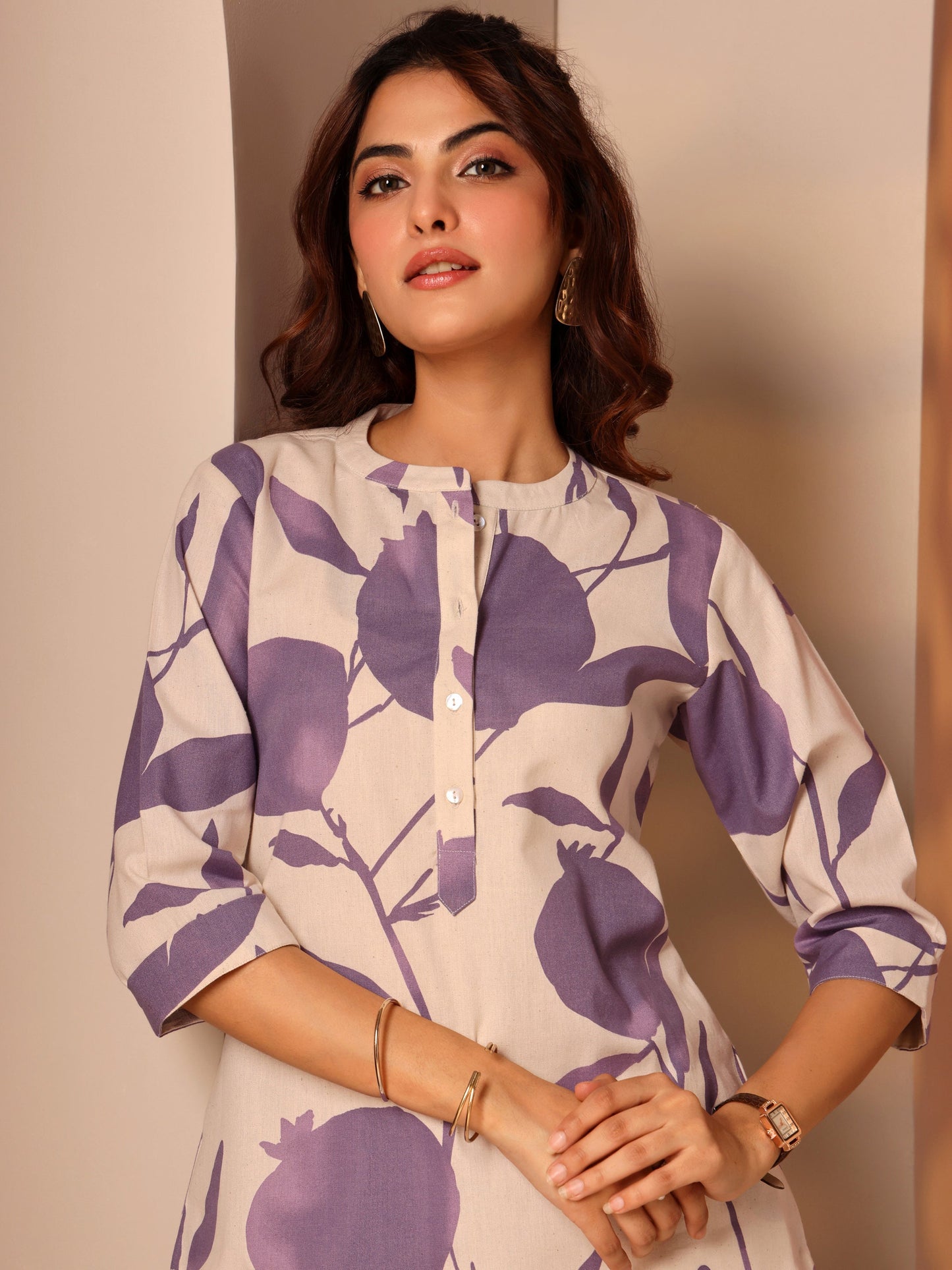 Off White Printed Cotton Straight Short Kurti