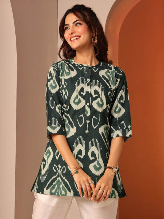 Green Printed Cotton Straight Short Kurti
