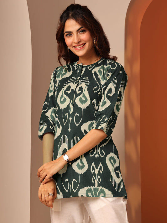 Green Printed Cotton Straight Short Kurti