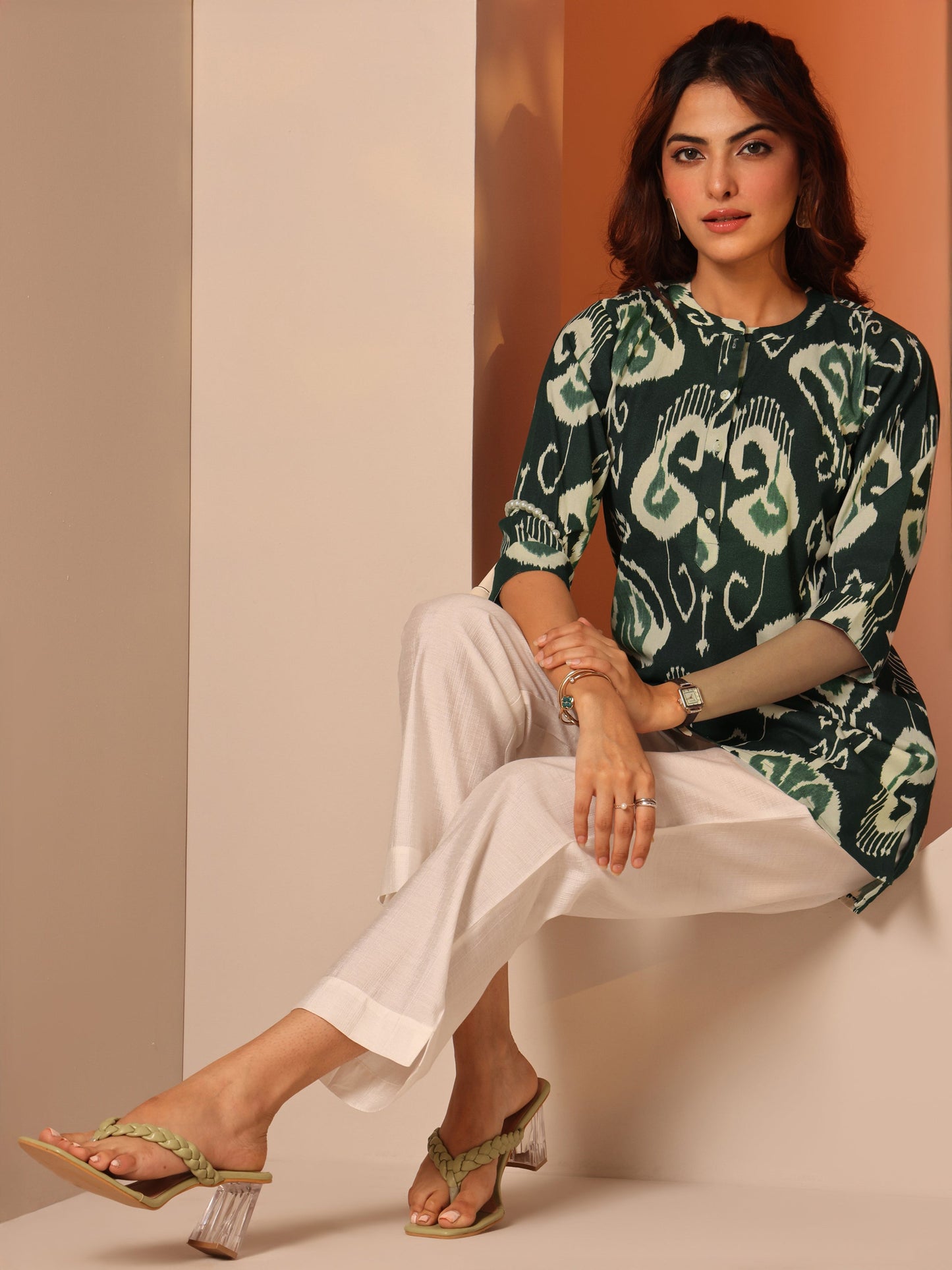 Green Printed Cotton Straight Short Kurti
