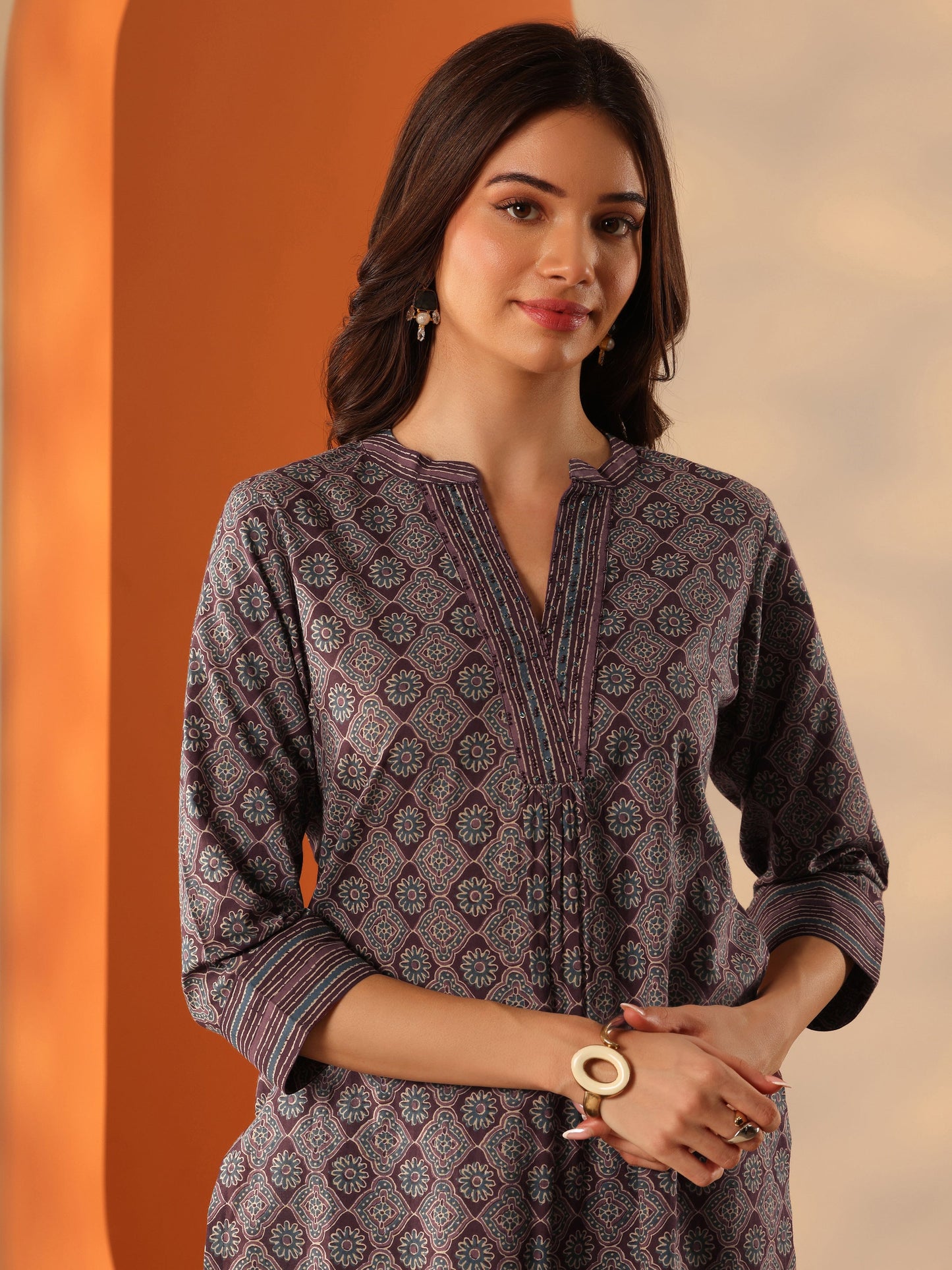 Burgundy Printed Cotton Straight Shorti Kurti