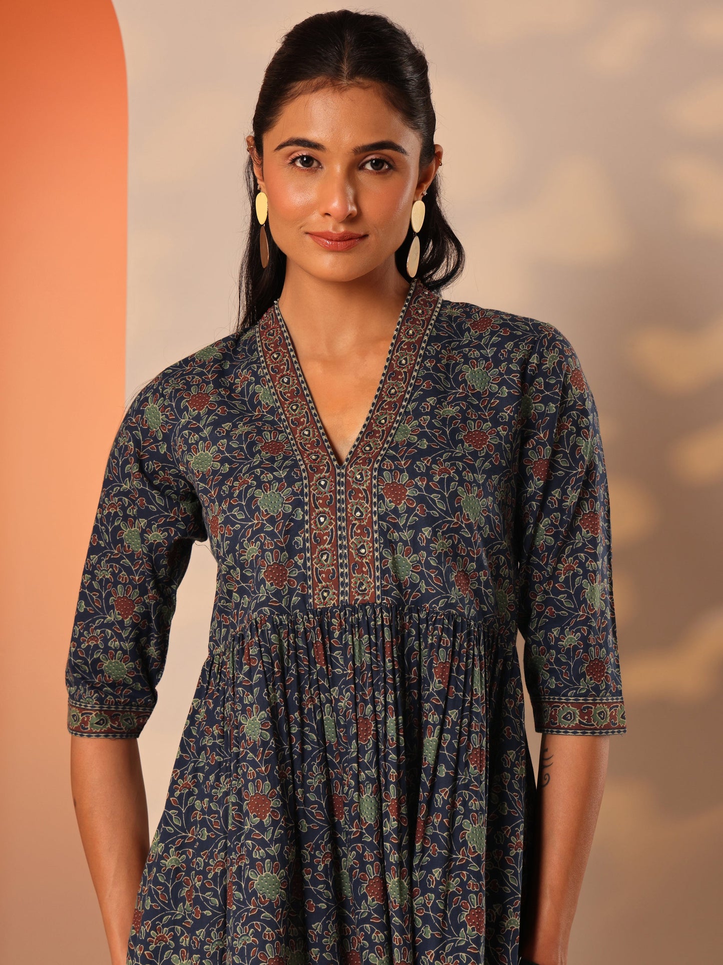 Blue Printed Cotton Anarkali Short Kurti