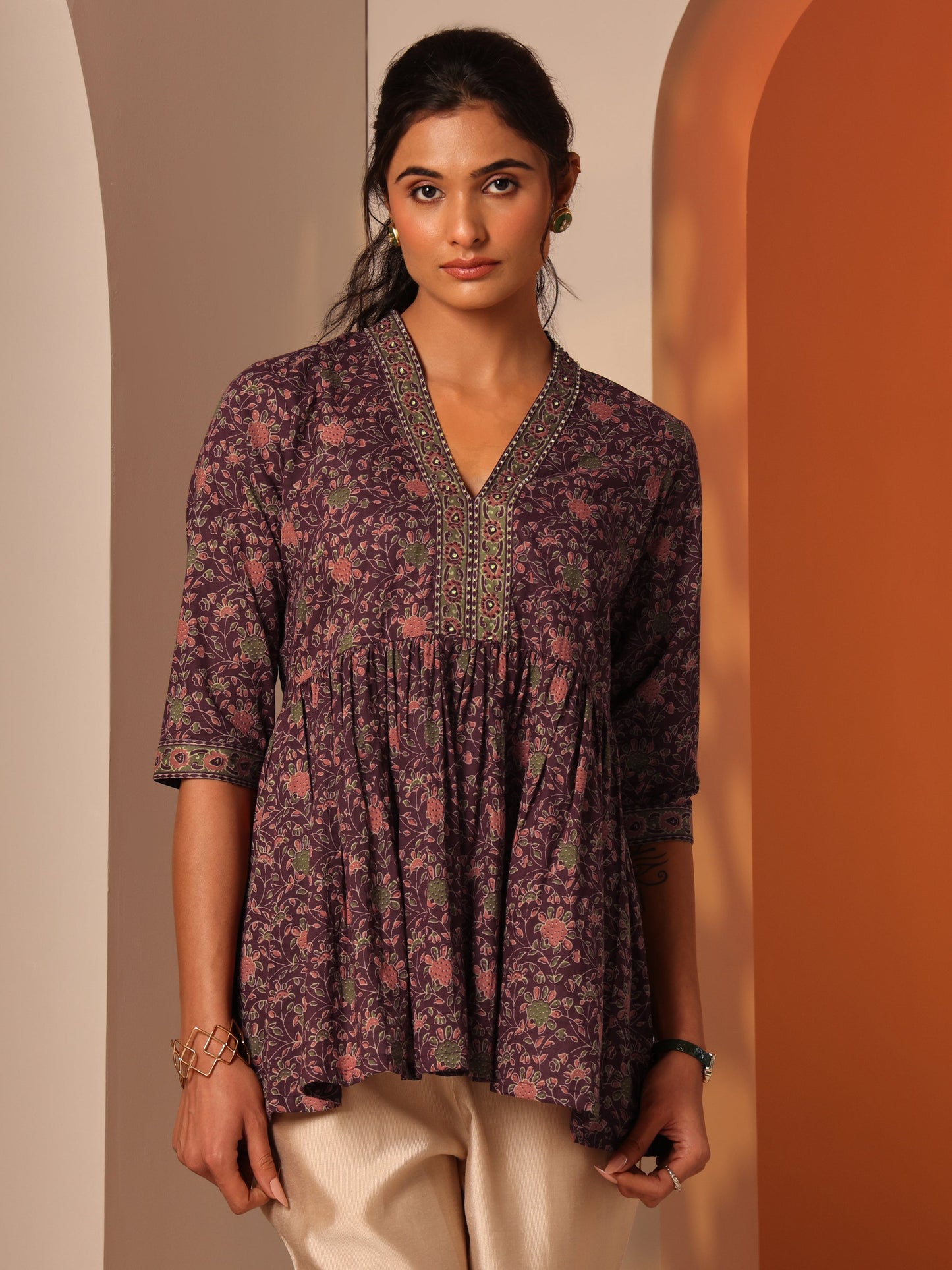 Burgundy Printed Cotton Anarkali Short Kurti