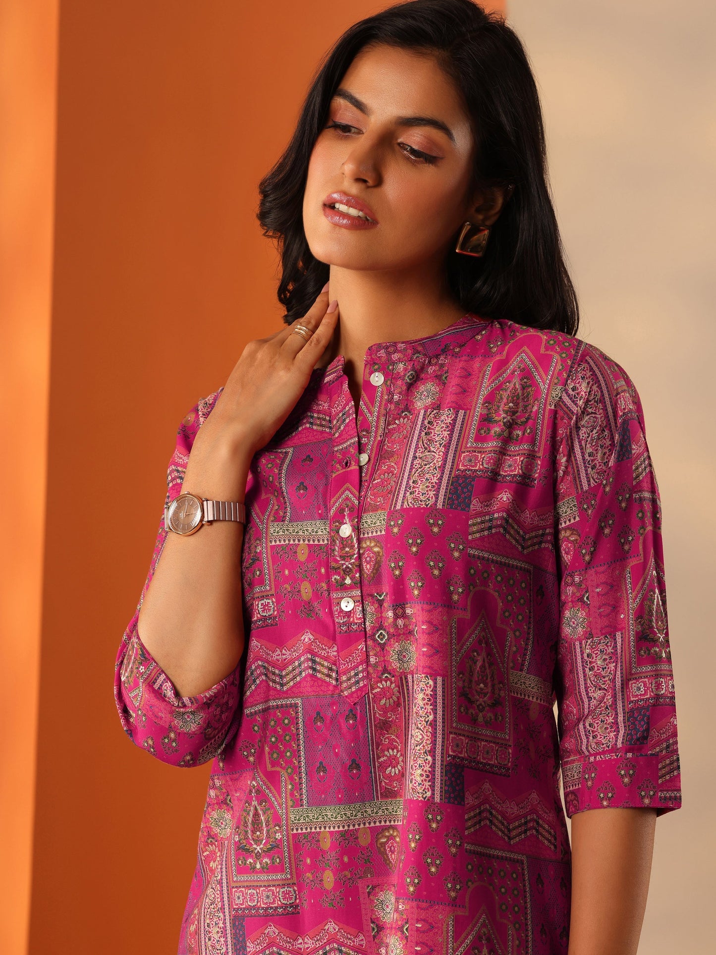 Pink Printed Silk Blend Straight Short Kurti